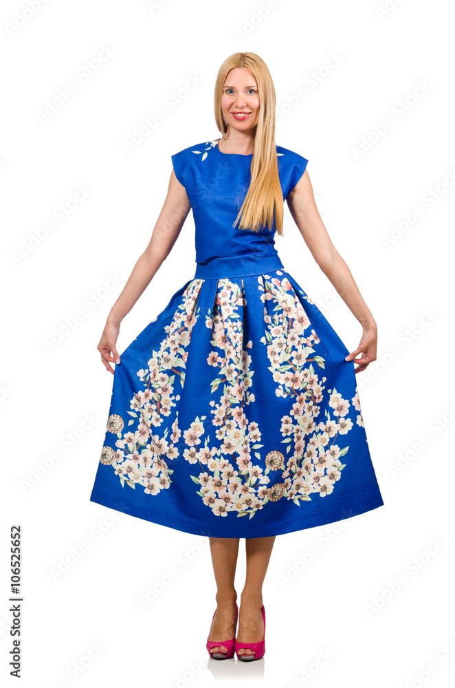 Woman in long blue folral dress isolated on white