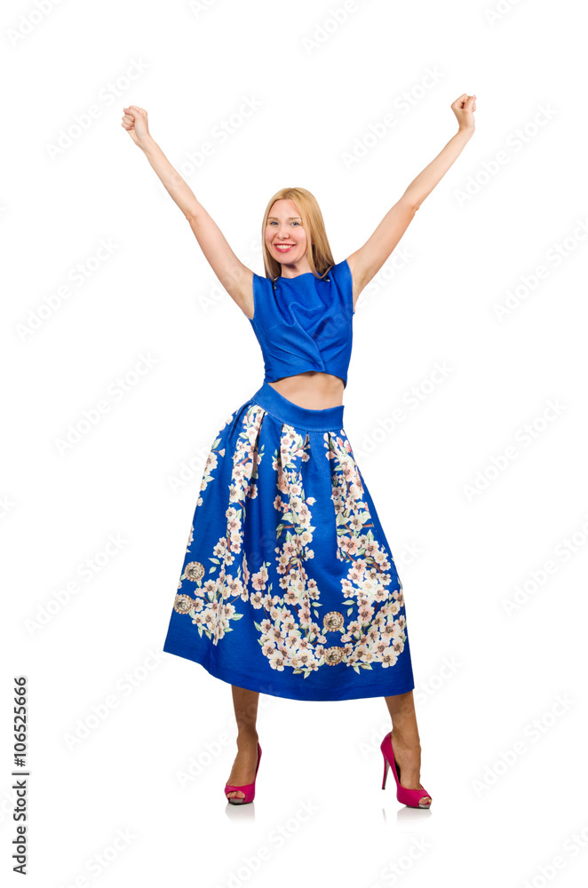 Woman in long blue folral dress isolated on white Woman in long blue folral dress isolated on white