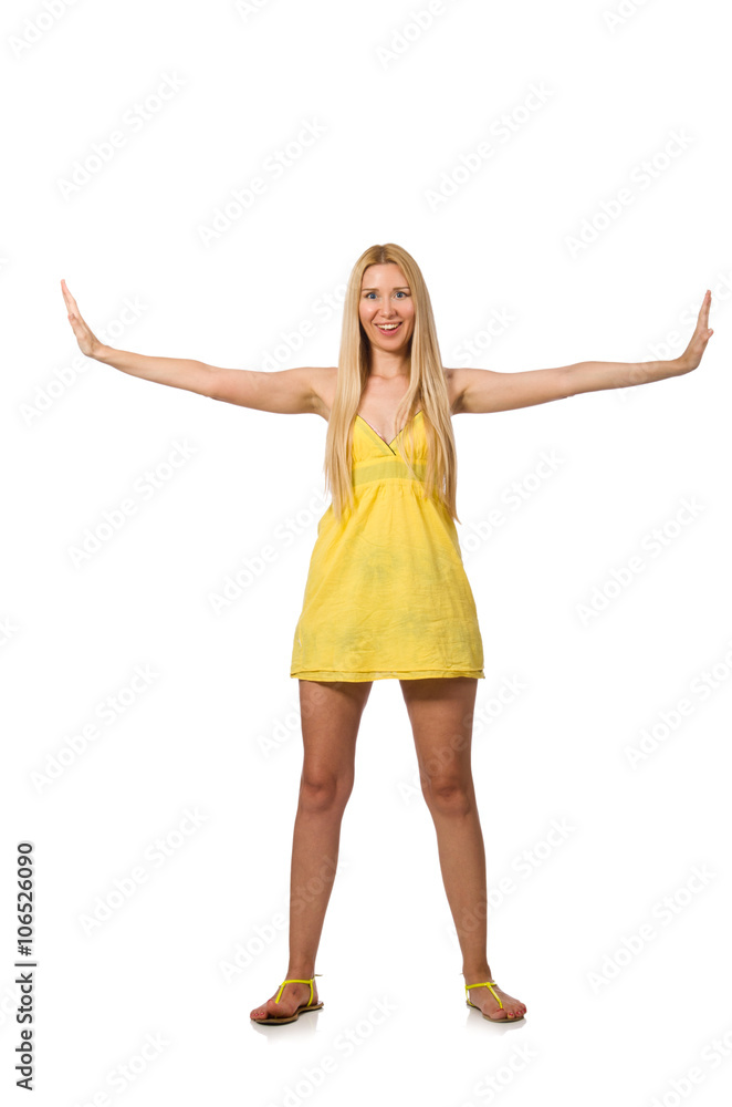 Caucasian fair model in yellow summer dress isolated on white