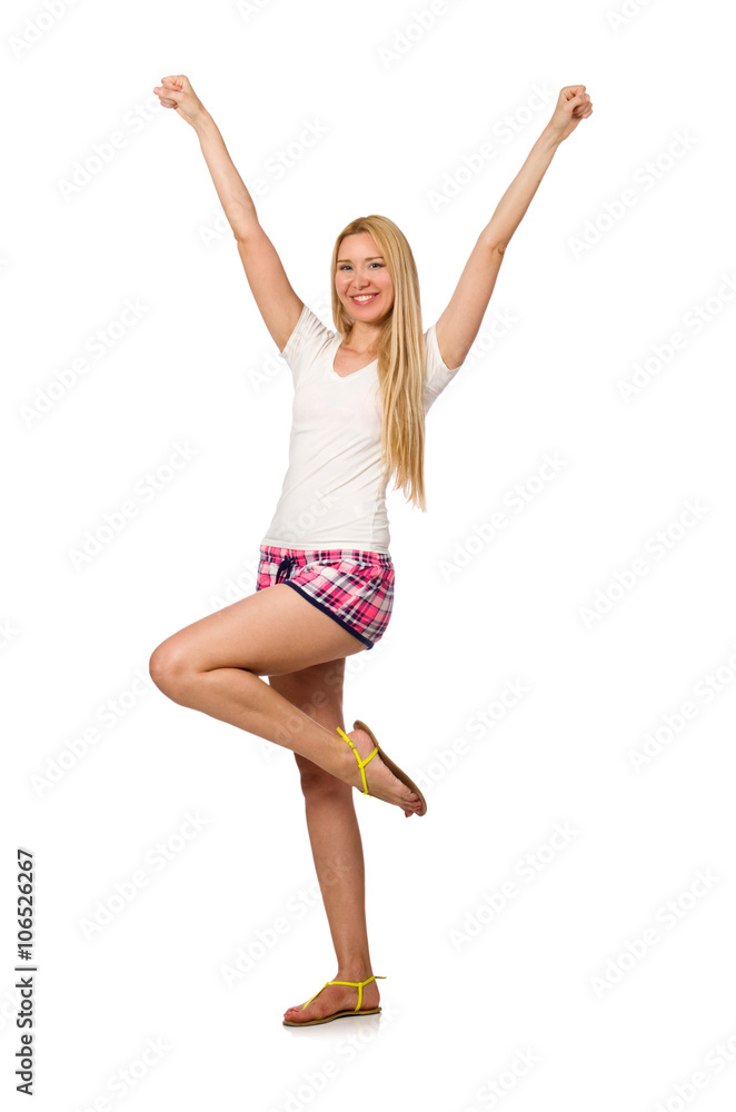Young woman in pink plaid shorts isolated on white