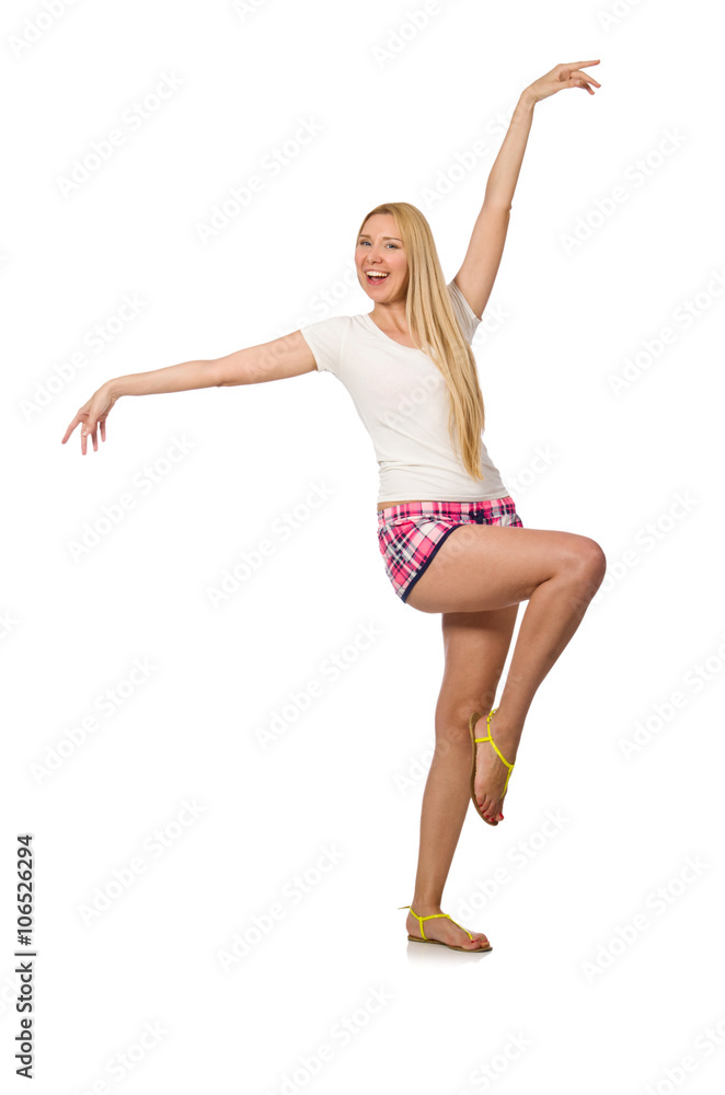 Young woman in pink plaid shorts isolated on white