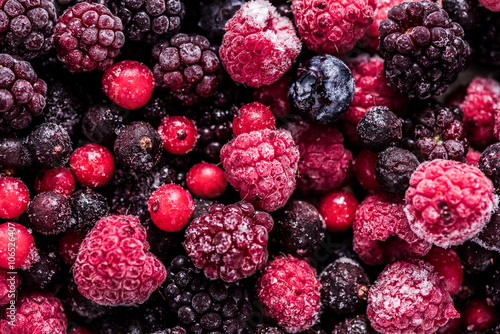 Frozen summer forest wild berries fruits, full frame background