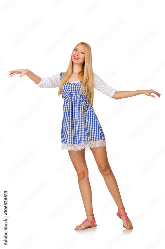 Caucasian woman in plaid blue dress isolated on white Caucasian woman in plaid blue dress isolated on white