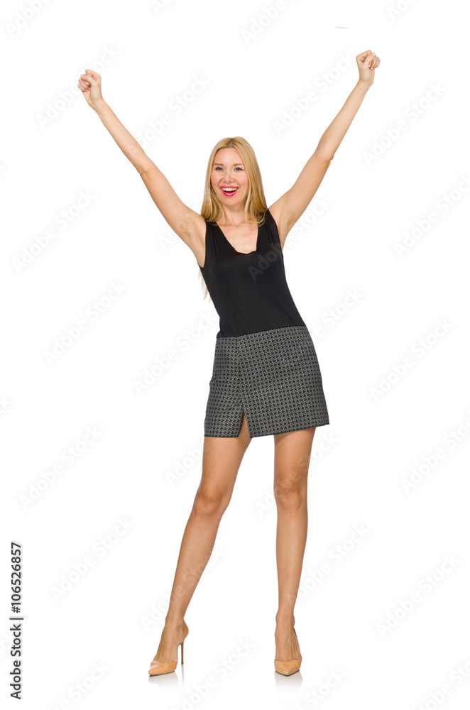 Blond hair model wearing gray skirt isolated on white Blond hair model wearing gray skirt isolated on white