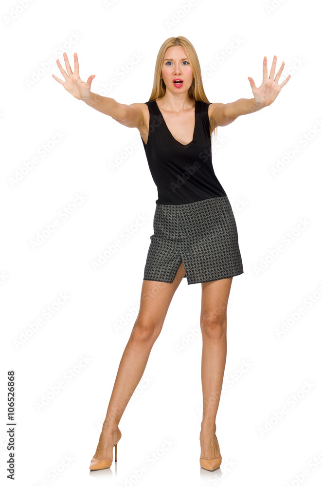 Blond hair model wearing gray skirt isolated on white Blond hair model wearing gray skirt isolated on white