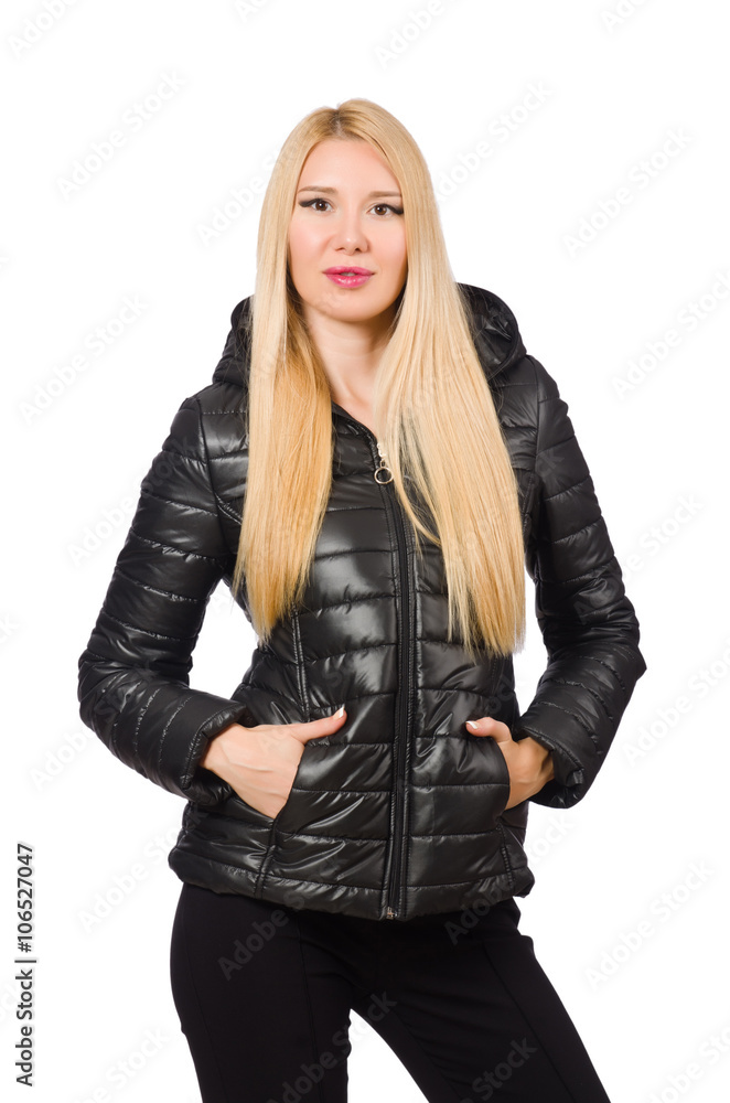 Caucasian woman wearing black jacket isolated on white Caucasian woman wearing black jacket isolated on white