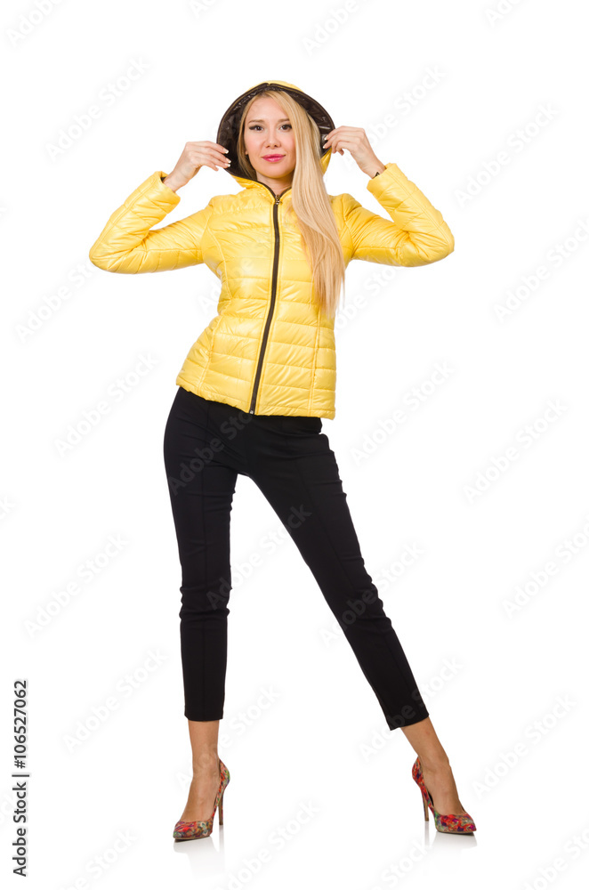Caucasian woman in yellow jacket isolated on white Caucasian woman in yellow jacket isolated on white