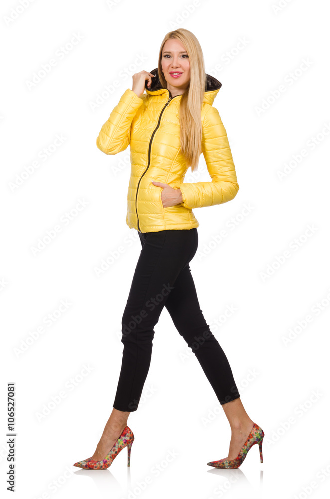 Caucasian woman in yellow jacket isolated on white