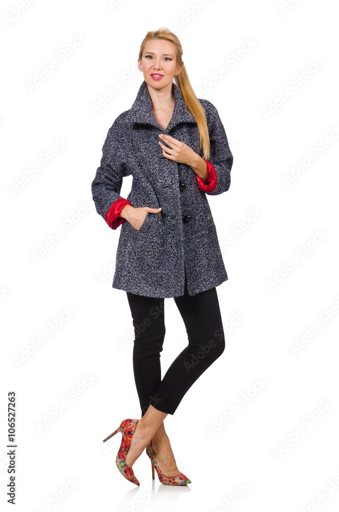 Pretty model in gray coat isolated on white Pretty model in gray coat isolated on white