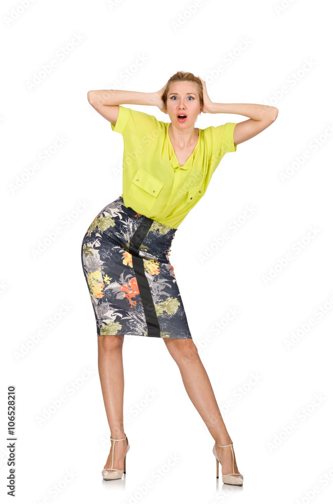 Tall model in yellow blouse isolated on white Tall model in yellow blouse isolated on white