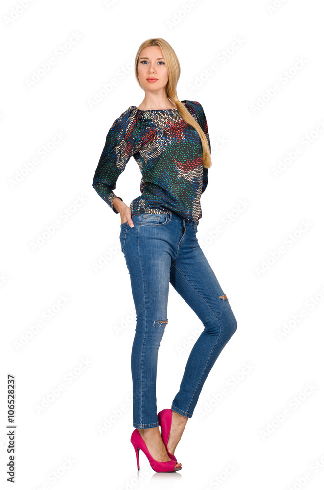 Tall blond hair model posing in blue jeans isolated on white Tall blond hair model posing in blue jeans isolated on white
