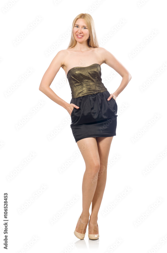 Model in strapless elegant dress isoalted on white Model in strapless elegant dress isoalted on white