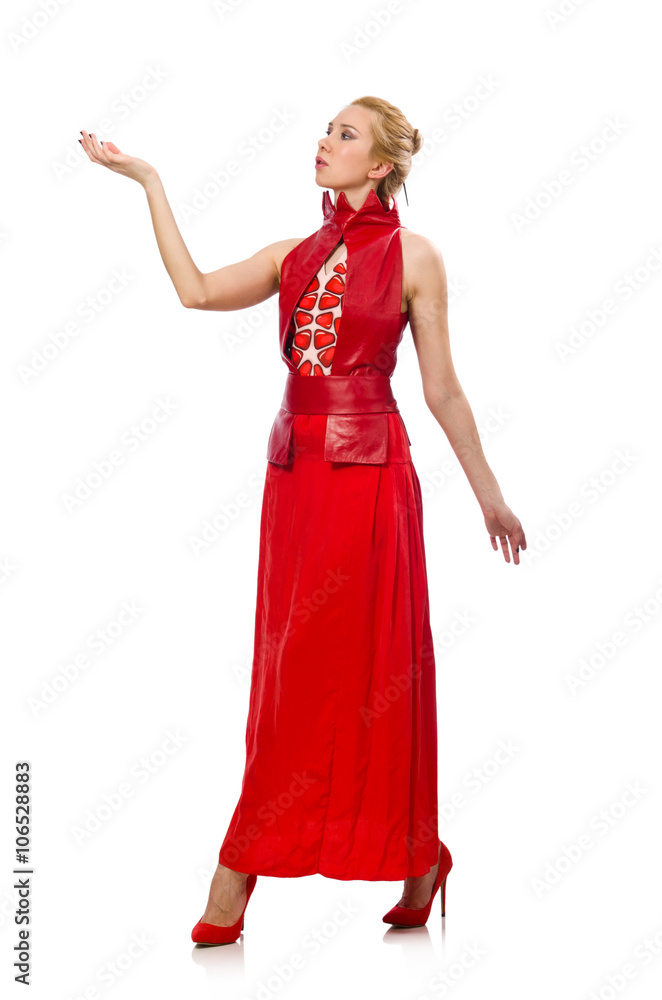 Blond hair model in dress with pomegranate isolated on white Blond hair model in dress with pomegranate isolated on white