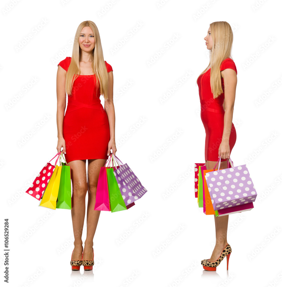 Woman with shopping bags isolated on white Woman with shopping bags isolated on white