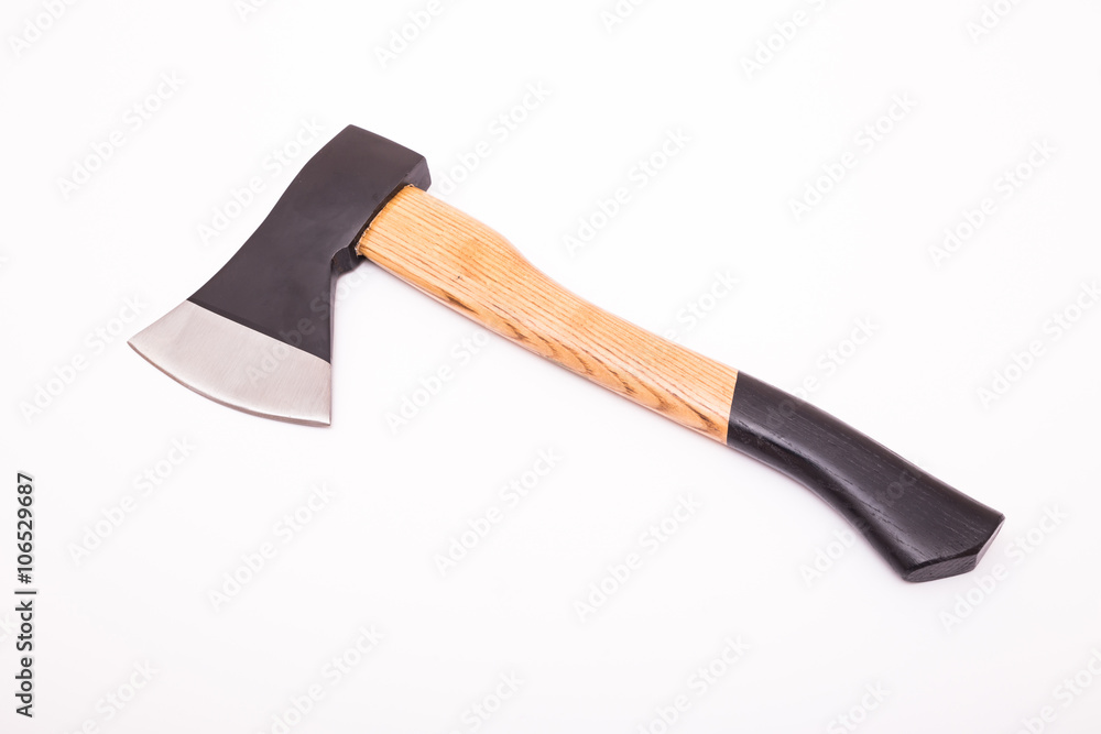 Small hand axe with wooden black handle isolated on white background Small hand axe with wooden black handle isolated on white background