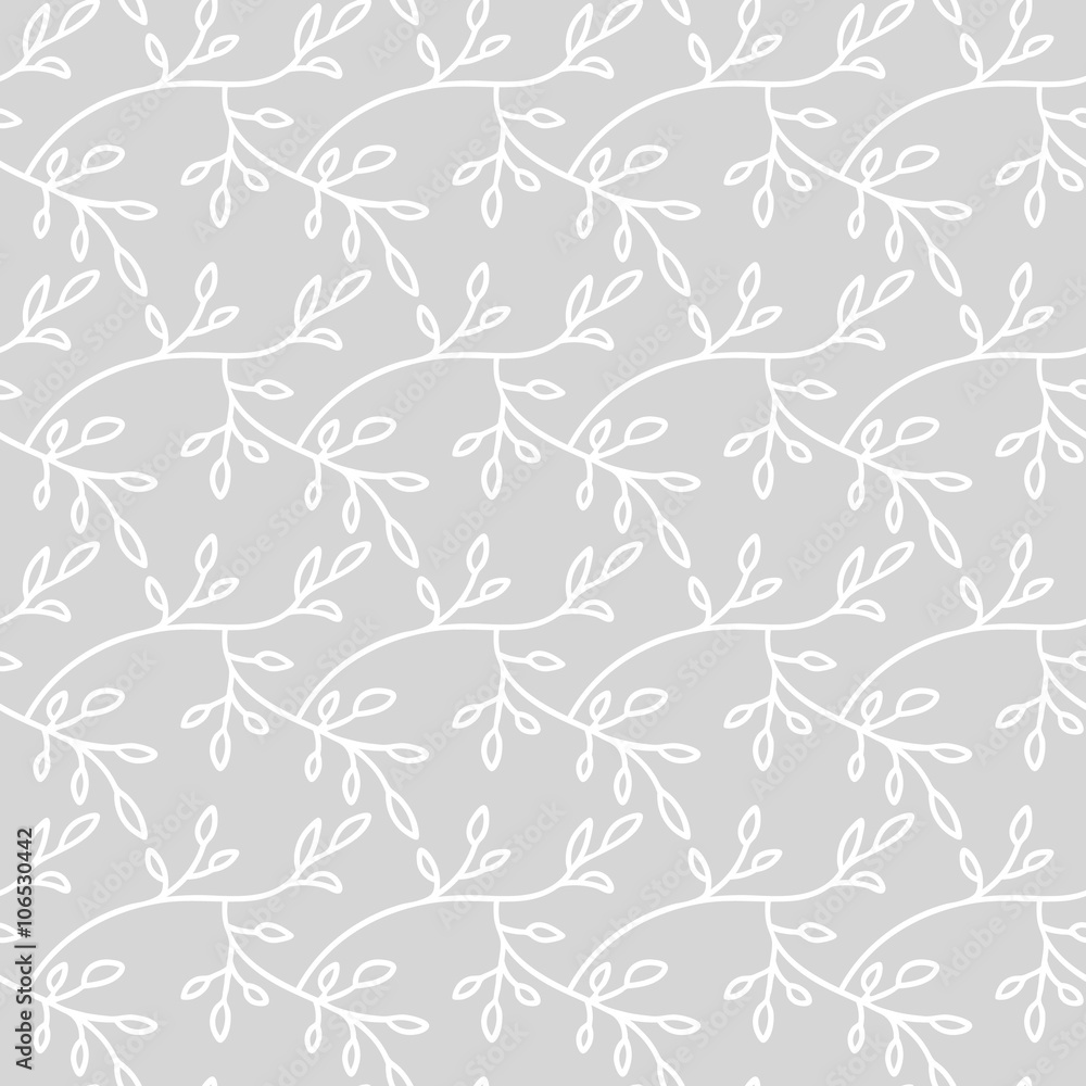 Vector seamless pattern. Linear graphic design. Floral linear background. Stylized branches with leaves. 