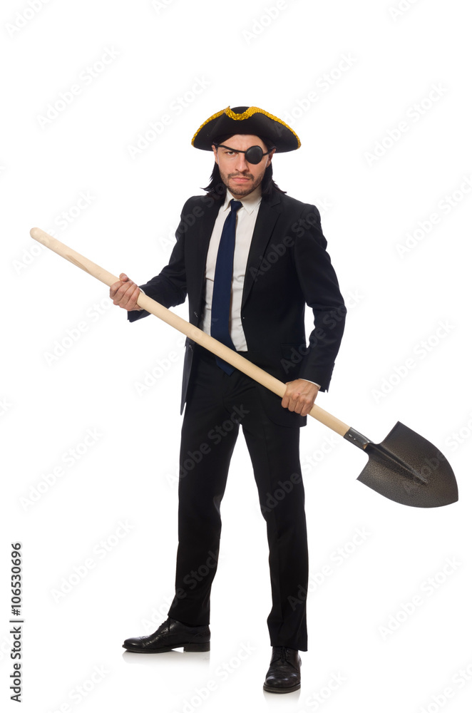 Pirate businessman holding spade isolated on white Pirate businessman holding spade isolated on white