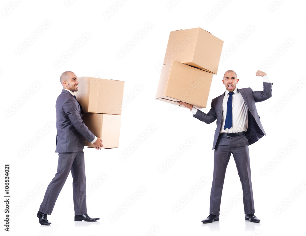 Collage of photos with man and boxes Collage of photos with man and boxes