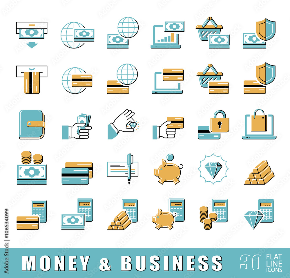 Set of flat line money and business icons. Collection of premium quality web icons. Vector illustration.
Set of flat line money and business icons. Collection of premium quality web icons. Vector illustration.