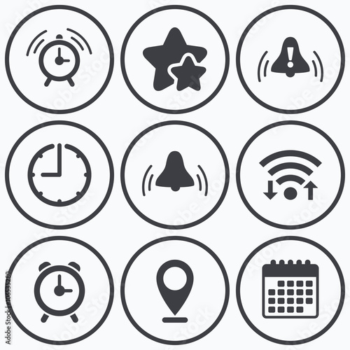 Alarm clock icons. Wake up bell signs symbols. © blankstock