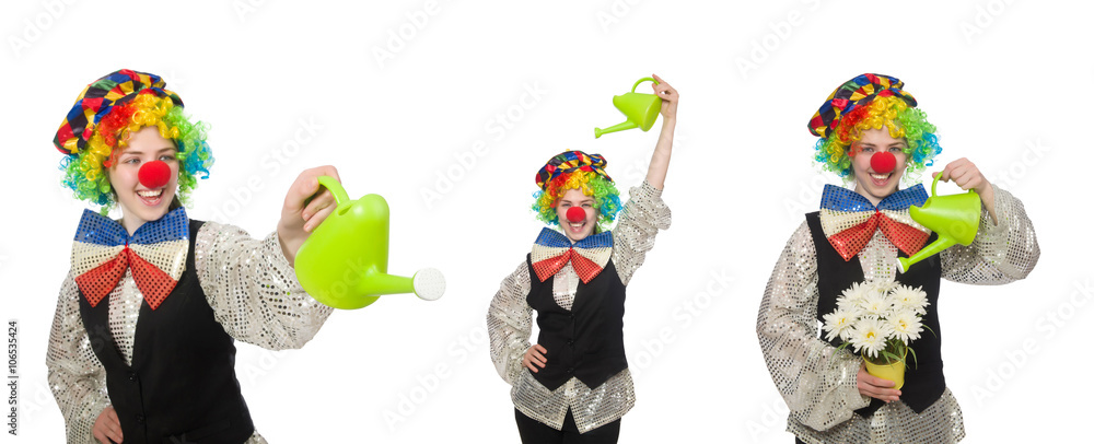 Female clown with watering can isolated on white