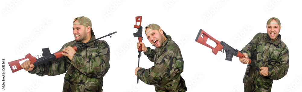Fototapeta premium Soldier with sniper rifle isolated on white