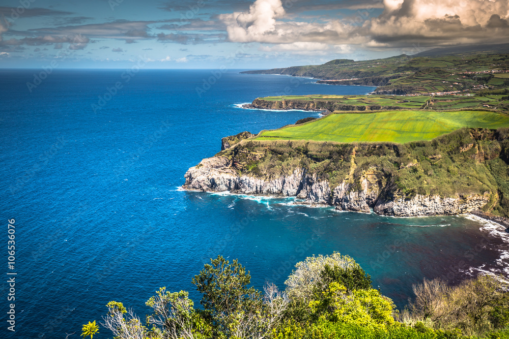 Green island in the Atlantic Ocean, Sao Miguel, Azores, Portugal