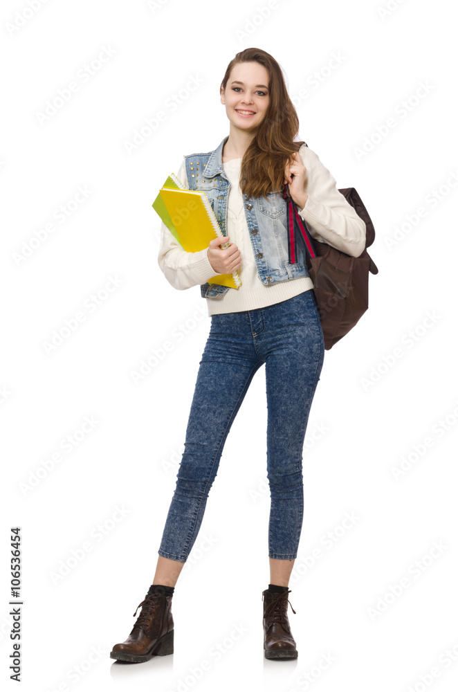 Pretty student holding textbooks isolated on white Pretty student holding textbooks isolated on white
