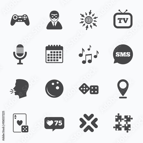 Entertainment icons. Game, bowling and puzzle.