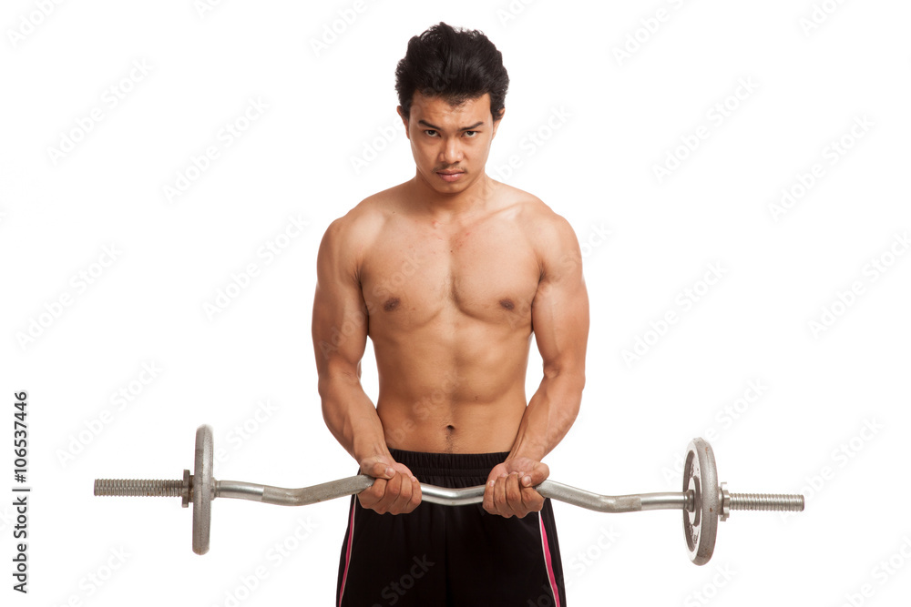 Muscular Asian man with barbell Muscular Asian man with barbell