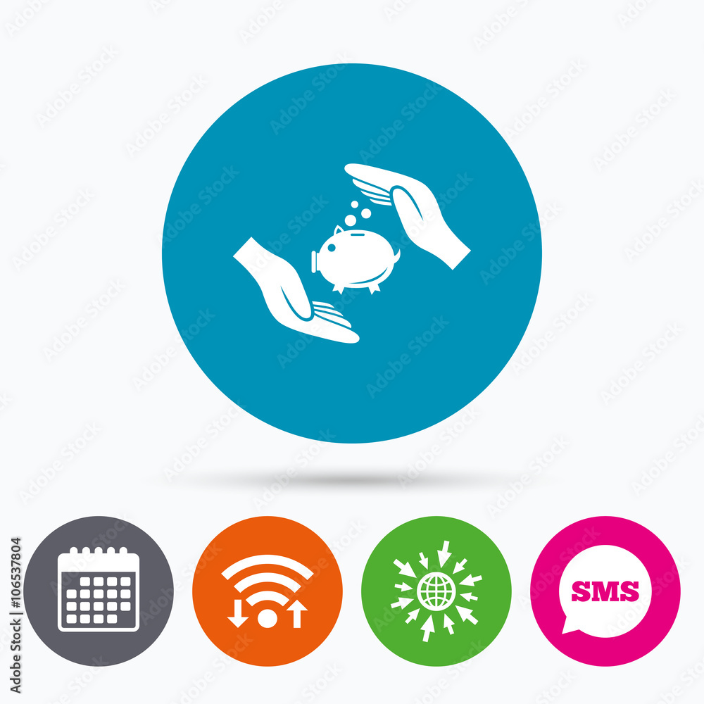 Piggy bank money sign icon. Hands protect cash. Piggy bank money sign icon. Hands protect cash.