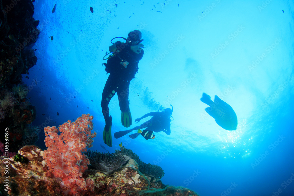 Scuba divers diving on underwater coral reef