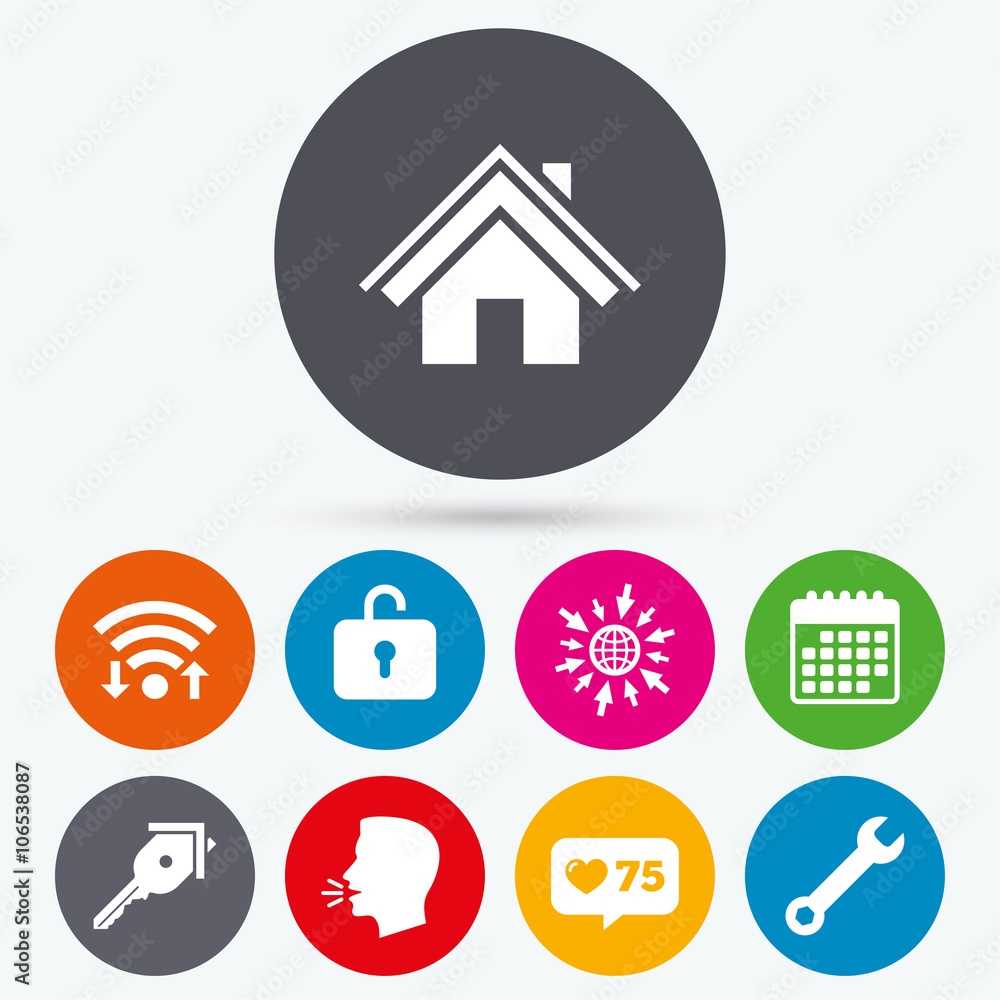 Home key icon. Wrench service tool symbol. Home key icon. Wrench service tool symbol.