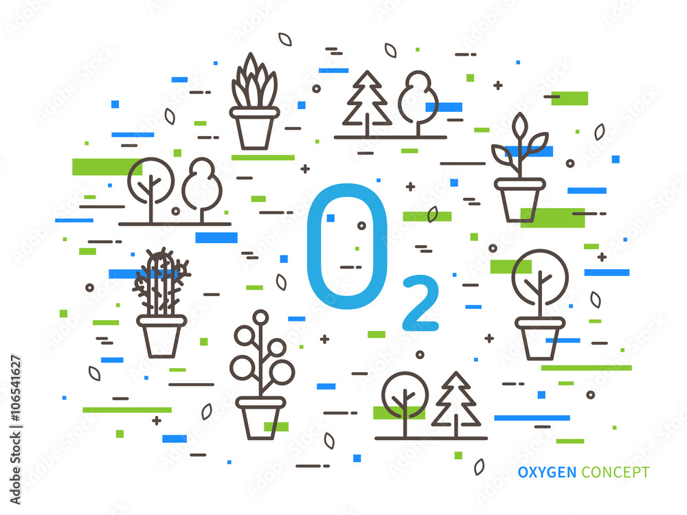 O2 (oxygen) linear vector illustration with house plants. Natural (ecology, ecological) oxygen creative graphic concept. Natural eco oxygen process for science, chemistry, biology.
