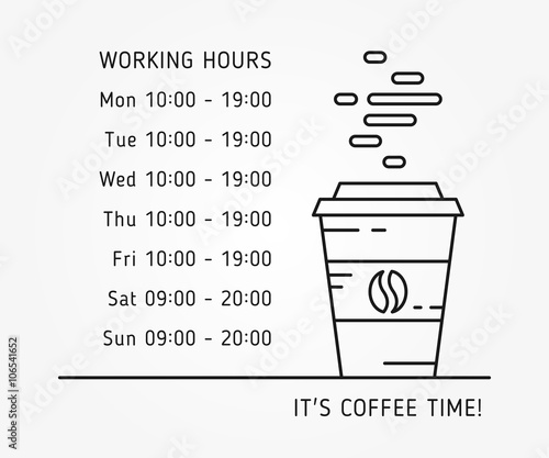Coffee time working hours linear vector illustration on grey background. Coffee store (house, shop) hours of operation creative graphic concept. Graphic design template for restaurant, cafe, banner.
