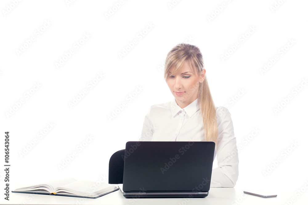 business woman working at a laptop, isolate business woman working at a laptop, isolate