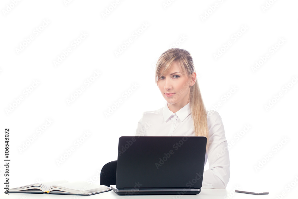 business woman working at a laptop, isolate business woman working at a laptop, isolate