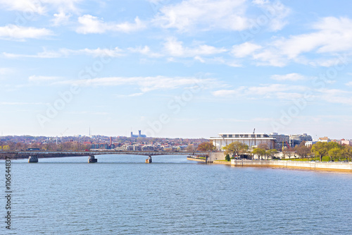 Panoramic view over Potomac river in Washington DC. The Key Bridge and Kennedy Center for the Performing Arts in spring.