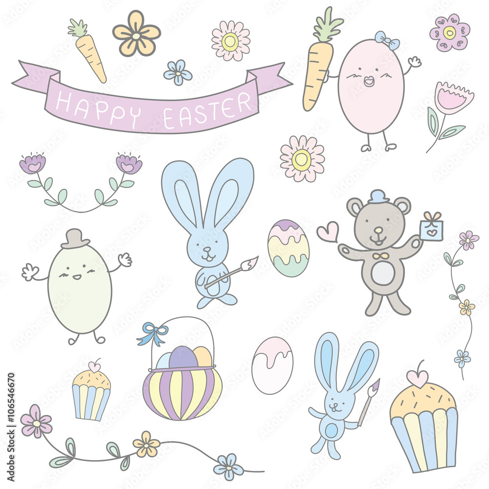 happy easter hand drawn cute pastel set vector happy easter hand drawn cute pastel set vector