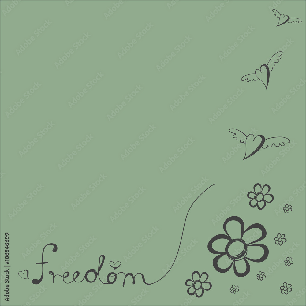 heart flying with word freedom and flowers hand drawn for backgr heart flying with word freedom and flowers hand drawn for backgr
