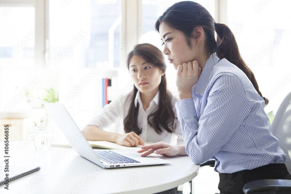 Two business women looking at a laptop together