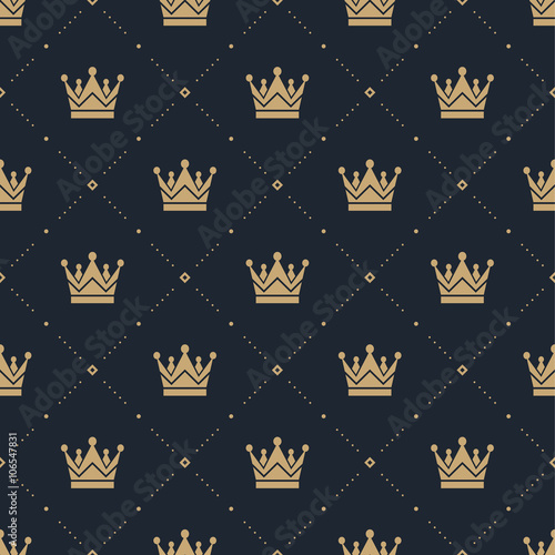 Wallpaper Mural Seamless pattern in retro style with a gold crown on a blue background