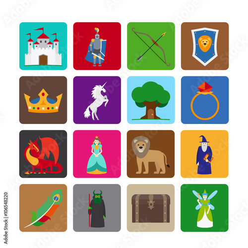 Fairy tale flat icons. Fairytale game colorful symbols. Vector illustration