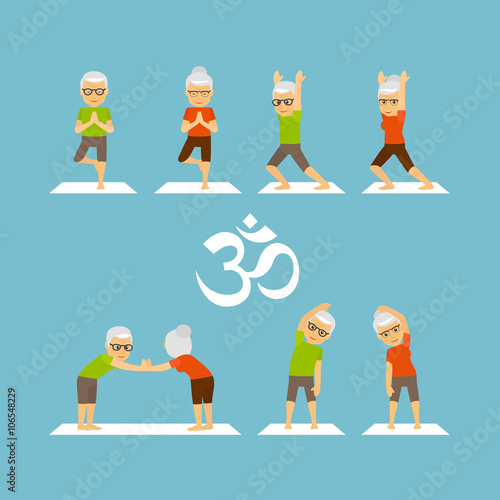 Yoga oldies. Old people yoga colorful icons on blue background. Vector illustration