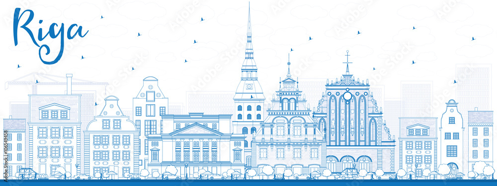 Outline Riga Skyline with Blue Landmarks.
