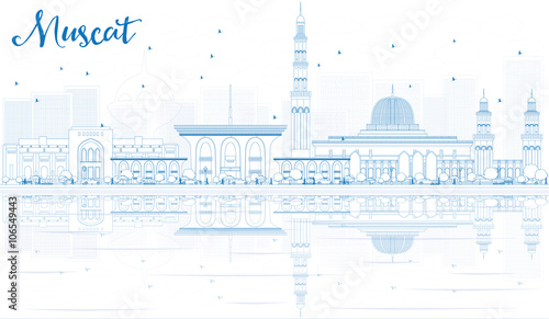 Outline Muscat Skyline with Blue Buildings and Reflections.