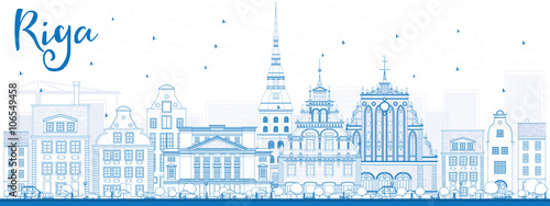 Outline Riga Skyline with Blue Landmarks.