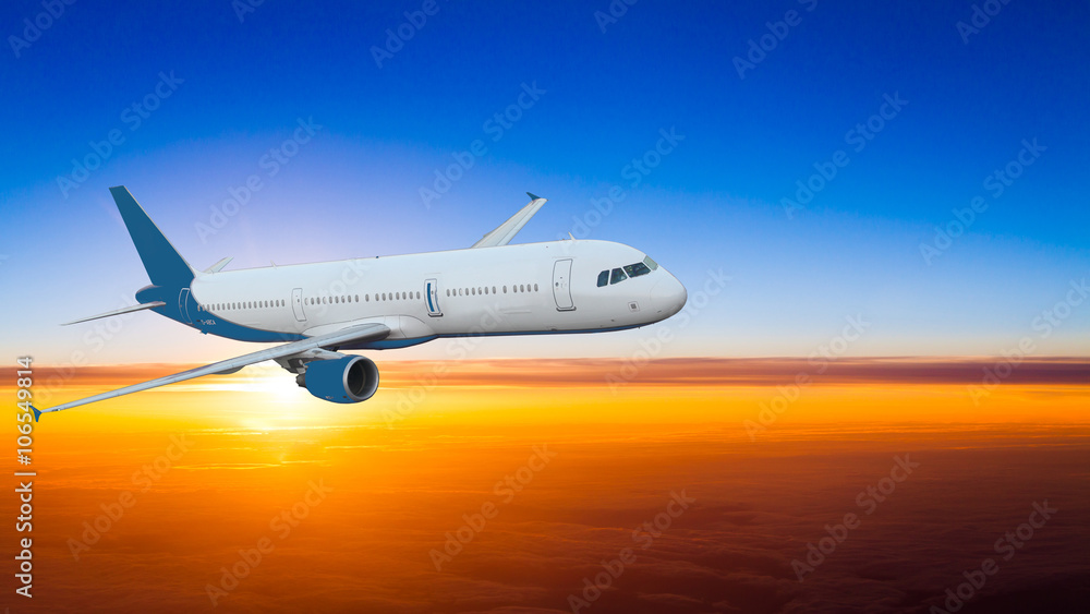 Fototapeta premium Sunset scene. Aircraft Sunset. airplane at sunset