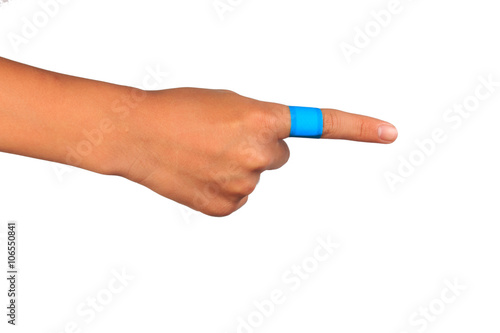 Hand pointing with injured finger isolated on white background.