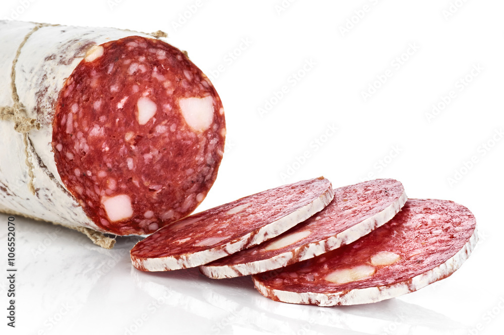 Dried salami with white mold isolated on white background.